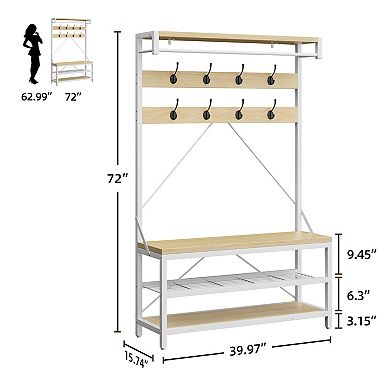 40" Industrial Hall Tree with Bench & Shoe Storage, Entryway Coat Rack with 8 Hooks