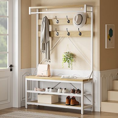 40" Industrial Hall Tree with Bench & Shoe Storage, Entryway Coat Rack with 8 Hooks