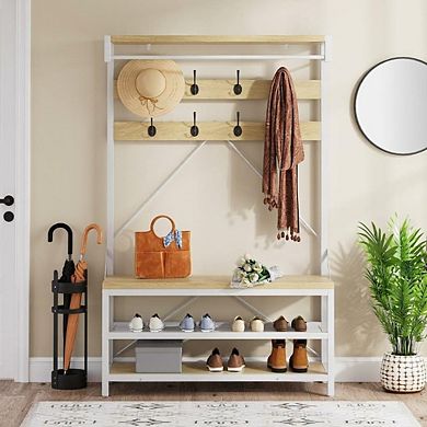 40" Industrial Hall Tree with Bench & Shoe Storage, Entryway Coat Rack with 8 Hooks