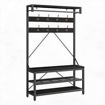 40" Industrial Hall Tree with Bench & Shoe Storage, Entryway Coat Rack with 8 Hooks
