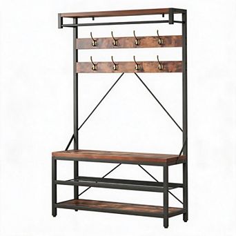 40" Industrial Hall Tree with Bench & Shoe Storage, Entryway Coat Rack with 8 Hooks