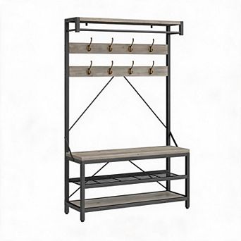 40" Industrial Hall Tree with Bench & Shoe Storage, Entryway Coat Rack with 8 Hooks