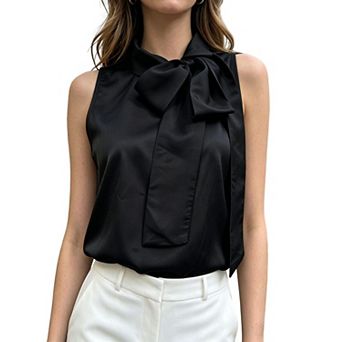 Womens High Neck Tie Front Sleeveless Satin Blouse Shirt Bow Knot Business Casual Chic Tank Tops