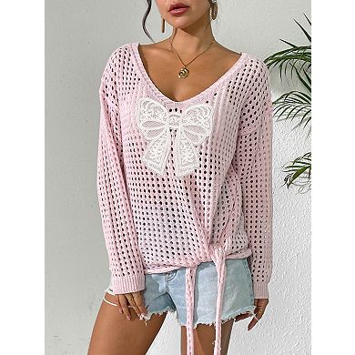Women's Bow Pattern Hollow Out Pullover Mesh Cover Up Top
