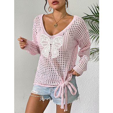 Women's Bow Pattern Hollow Out Pullover Mesh Cover Up Top
