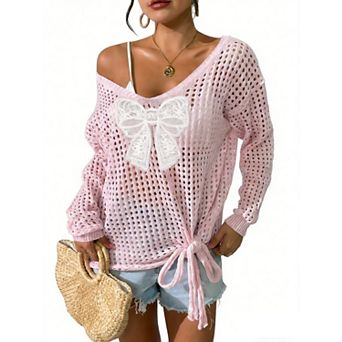 Women's Bow Pattern Hollow Out Pullover Mesh Cover Up Top