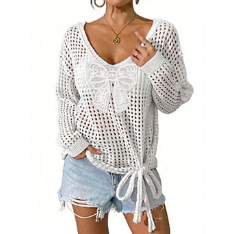 Women's Bow Pattern Hollow Out Pullover Mesh Cover Up Top