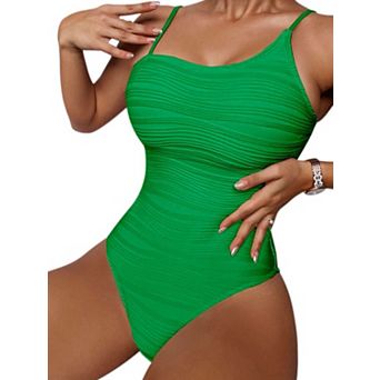 Womens One Piece Bikini Swimsuit Spaghetti Strap Texture Tummy Control Summer Vacation Swimwear