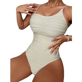 Womens One Piece Bikini Swimsuit Spaghetti Strap Textured Tummy Control Beach Vacation Swimwear