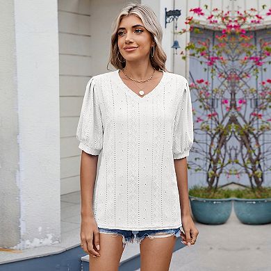 Women's V Neck Blouse Puff Short Sleeve Casual Summer Tops