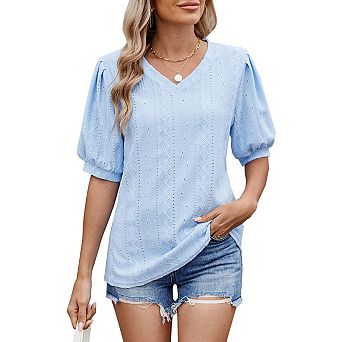 Women's V Neck Blouse Puff Short Sleeve Casual Summer Tops