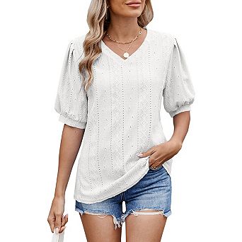 Women's V Neck Blouse Puff Short Sleeve Casual Summer Tops