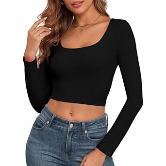 Womens Long Sleeve Square Neck Crop Top Casual Basic Shirts
