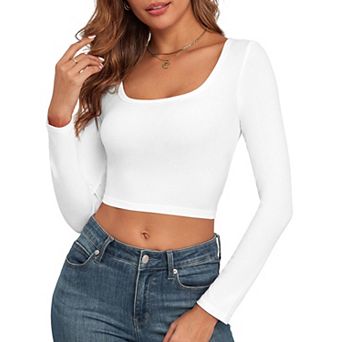 Womens Long Sleeve Square Neck Crop Top Casual Basic Shirts