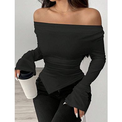 Women's Cowl Neck Long Sleeve Ruched Shirt Top