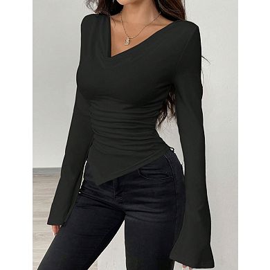 Women's Cowl Neck Long Sleeve Ruched Shirt Top