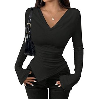 Women's Cowl Neck Long Sleeve Ruched Shirt Top