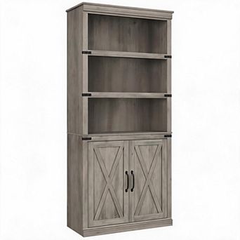 5 tier Farmhouse Wooden Bookcase, Tall Standing Bookshelf with Doors for Living Room Bedroom