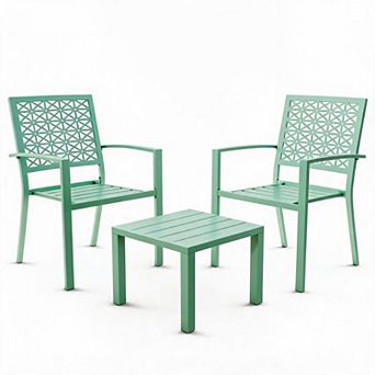 3 pc Outdoor Metal Bistro Set, Stackable Chairs & Square Table for Patio Balcony