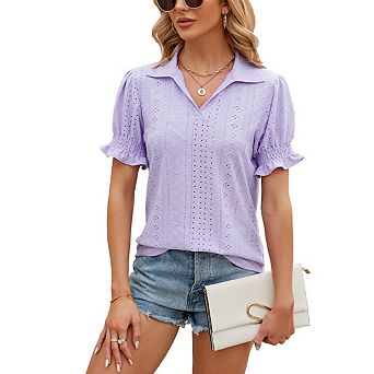 Women's Short Sleeve Polo Collar Casual Blouse Top