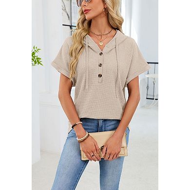 Women's Button Decor Waffle Short Sleeve V-Neck Hooded T-Shirt Top