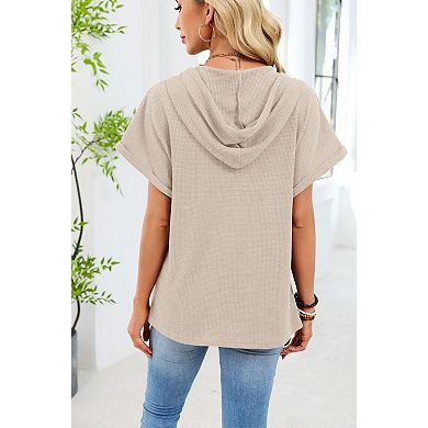 Women's Button Decor Waffle Short Sleeve V-Neck Hooded T-Shirt Top