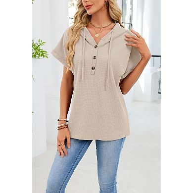 Women's Button Decor Waffle Short Sleeve V-Neck Hooded T-Shirt Top