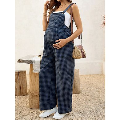 Women's Maternity Plaid Pattern Sleeveless Loose Overall Long Pants