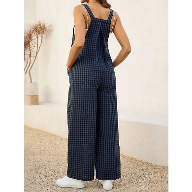 Women's Maternity Plaid Pattern Sleeveless Loose Overall Long Pants
