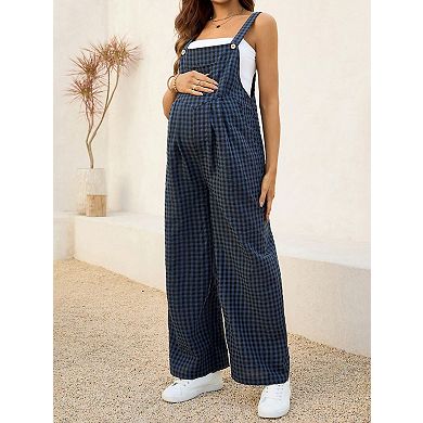 Women's Maternity Plaid Pattern Sleeveless Loose Overall Long Pants