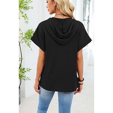 Women's V-Neck Button Decor Short Sleeve Waffle Hooded T-Shirt