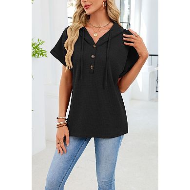 Women's V-Neck Button Decor Short Sleeve Waffle Hooded T-Shirt