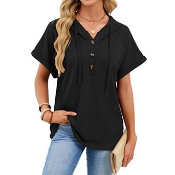 Women's V-Neck Button Decor Short Sleeve Waffle Hooded T-Shirt