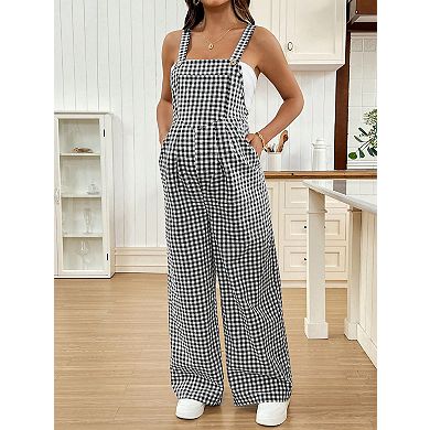 Women's Maternity Sleeveless Plaid Pattern Loose Overall Long Pants