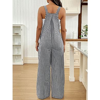Women's Maternity Sleeveless Plaid Pattern Loose Overall Long Pants