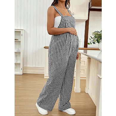 Women's Maternity Sleeveless Plaid Pattern Loose Overall Long Pants