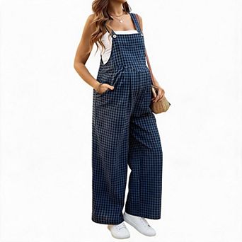 Women's Maternity Sleeveless Plaid Pattern Loose Overall Long Pants