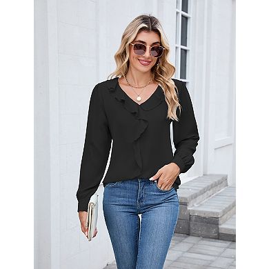 Women's Chiffon V-Neck Long Sleeve T-Shirt Blouse Top