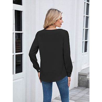 Women's Chiffon V-Neck Long Sleeve T-Shirt Blouse Top