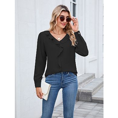 Women's Chiffon V-Neck Long Sleeve T-Shirt Blouse Top