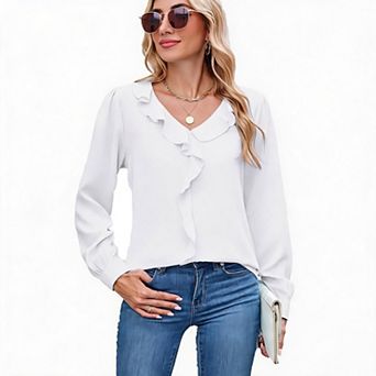 Women's Chiffon V-Neck Long Sleeve T-Shirt Blouse Top