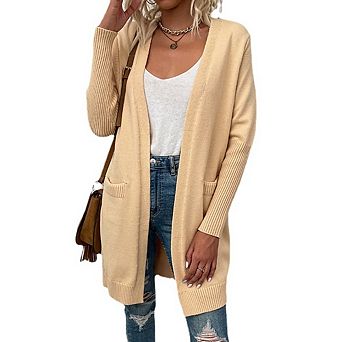 Women's Knit Open Front Mid Length Long Sleeve Pocket Cardigan Coat