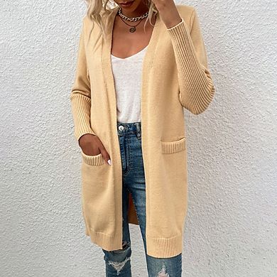 Women's Knit Open Front Mid Length Long Sleeve Pocket Cardigan Coat