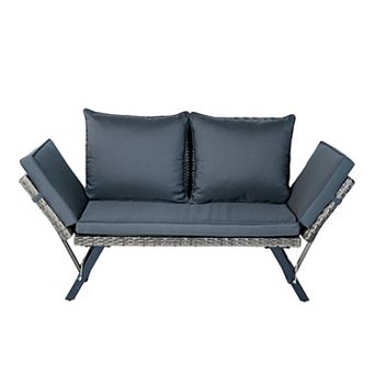 BAOURE Relaxing Grey Wicker Two Seater Outdoor Patio Loveseat Bench With Plush Cushions