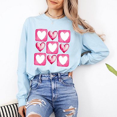 Pink Heart Grid Garment Dyed Long Sleeve Tees