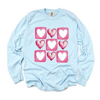 Pink Heart Grid Garment Dyed Long Sleeve Tees