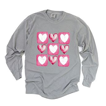 Pink Heart Grid Garment Dyed Long Sleeve Tees