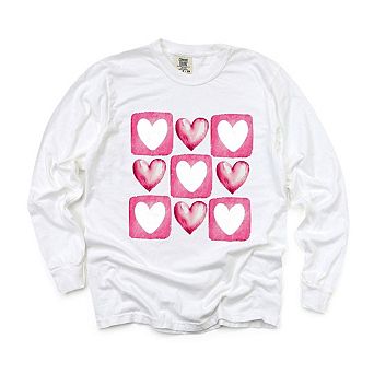 Pink Heart Grid Garment Dyed Long Sleeve Tees