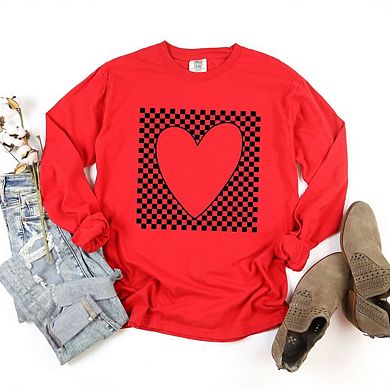 Checkered Heart Cut Out Garment Dyed Long Sleeve Tees