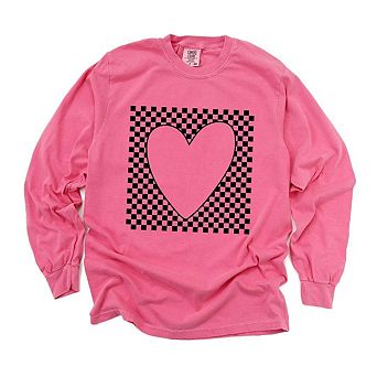 Checkered Heart Cut Out Garment Dyed Long Sleeve Tees